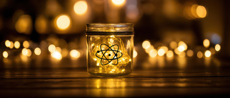 A glass jar filled with warm lights showcases an atomic symbol creating a festive atmosphere perfect for New Year celebrations.の素材