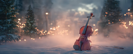 A stunning violin stands alone in a snowy landscape surrounded by trees and soft lights capturing the serene spirit of New Year celebrations.の素材