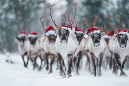 A group of lively reindeer joyfully runs through the snow sporting festive Santa hats.の素材