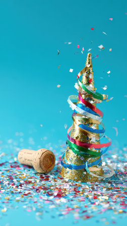 Colorful ribbons spiral around a golden tree surrounded by sparkling confetti on a vibrant blue background highlighting New Year festivities.の素材