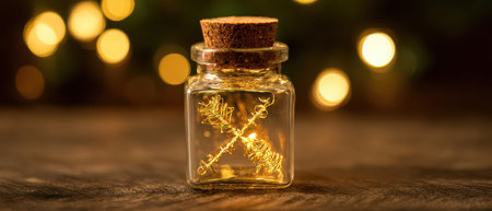 Inside a cozy setting a small glass jar holds an illuminated atom representing celebration perfect for the New Year spirit.の素材