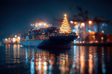 A large cargo ship showcases a beautifully lit Christmas tree on deck reflecting in the calm waters during New Years celebrations.の素材