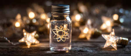 A glass jar holds a glowing atom surrounded by twinkling lights creating a festive atmosphere for the New Year blending science and joy.の素材