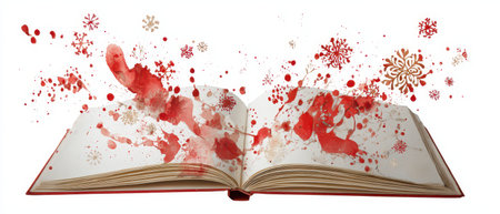 A festive scene unfolds with a watercolor book bursting with vibrant red splashes and snowflakes symbolizing Christmas and New Year joy.の素材