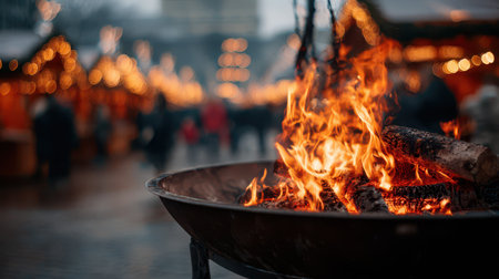 A large metal bowl grill burns brightly offering warmth to visitors at a bustling Christmas market during New Year festivities.の素材