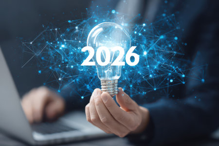 A person holds a glowing light bulb symbolizing inspiration surrounded by digital connections while anticipating the promises of 2026.の素材