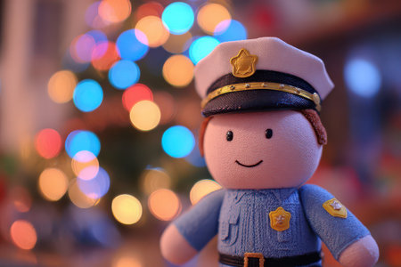A delightful toy police officer smiles brightly against a backdrop of blurred lights capturing the festive spirit of New Year celebrations.の素材