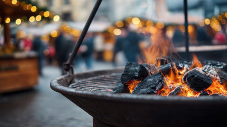 A metal bowl grill burns brightly casting warmth at a lively Christmas market filled with festive cheer and excited visitors.の素材