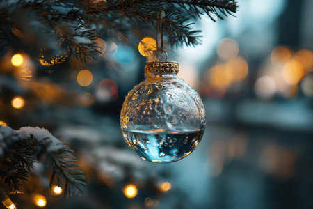 A shimmering glass ornament hangs from a snowy tree branch reflecting warm lights and the spirit of New Year celebrations in a winter scene.の素材