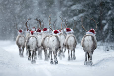 A group of reindeer clad in festive Santa hats moves swiftly through a snowy landscape celebrating the New Year in winter wonderland.の素材