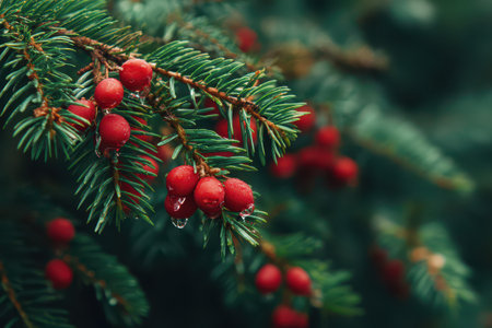Spruce tree berries dangle against a lush green background evoking the spirit of New Year celebrations with their bright colors.の素材