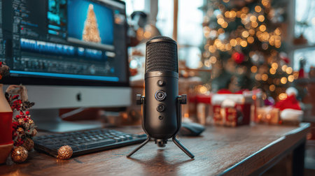 A sleek black microphone sits on a wooden table surrounded by festive decorations and lights capturing the spirit of the New Year celebration.の素材
