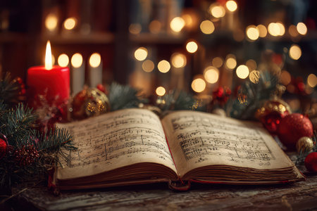 A beautifully open Christmas book reveals festive music notes. Soft candlelight illuminates the scene surrounded by warm holiday decorations.の素材