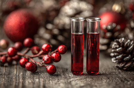 Bright red liquid fills test tubes set among elegant Christmas decorations. Pine cones and berries add a festive touch to the holiday scene.の素材