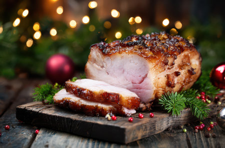 Succulent pork ham is beautifully presented on an old wooden board adorned with festive decorations and warm holiday lights ready for celebration.の素材