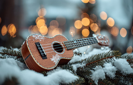 A charming ukulele is perched atop a snow dusted Christmas tree branch surrounded by twinkling lights celebrating the festive spirit of New Year.の素材