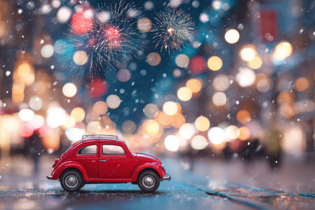 A vibrant red car rests on a snow covered city street surrounded by festive New Year decorations capturing the spirit of winter celebration.の素材