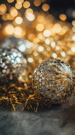 Sparkling ornaments rest on a surface surrounded by strands of golden tinsel and a soft glow creating a holiday atmosphere for celebration.の素材