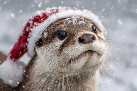 An adorable otter wearing a festive Santa hat plays in the snow embracing the joyful spirit of the New Year season amid falling snowflakes.の素材