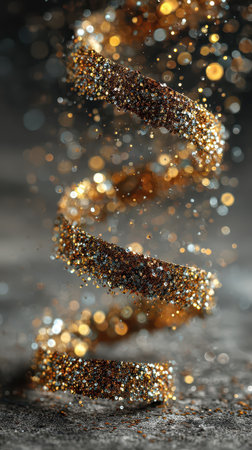 Golden glitter spirals create a festive atmosphere celebrating the excitement and joy of the New Year. A beautiful display of light reflects hope.の素材