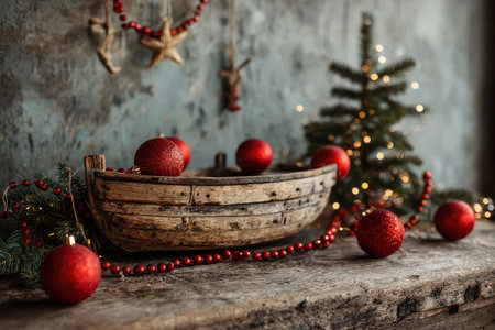 A cozy Christmas scene features an old wooden boat surrounded by red ornaments and festive decorations creating a warm holiday atmosphere.の素材