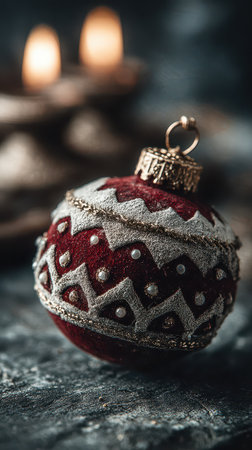 A stunning red ornament with silver accents brings warmth and cheer to holiday festivities glowing softly beside candles.の素材