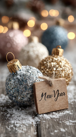 Glittery ornaments in various colors rest on a wooden surface surrounded by soft snowflakes. A tag reads New Year capturing the festive spirit.の素材
