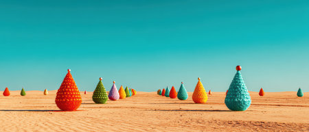 Colorful pyramid shaped trees stand in a vast desert under a clear blue sky celebrating the spirit of New Year with vibrant hues.の素材