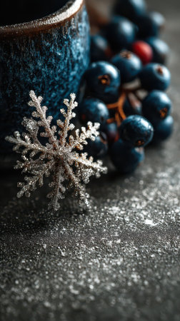 A beautiful winter display featuring a silver snowflake blue berries and frosty textures perfect for welcoming the New Year in style.の素材
