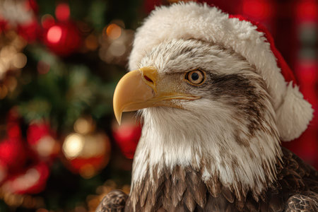 A majestic bald eagle wears a cheerful santa hat. Behind it a beautifully decorated Christmas tree glimmers with joyful colors celebrating New Year.の素材