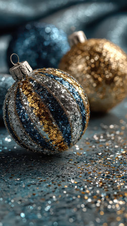 Shiny ornaments in silver gold and blue rest on a soft fabric sparkling in the light evoking the spirit of New Year festivities.の素材