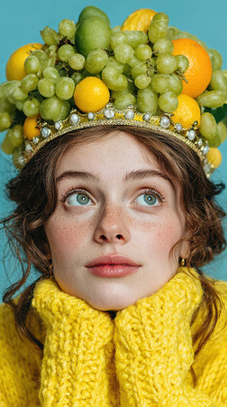 A girl in a cozy yellow sweater gazes upwards wearing a vibrant fruit crown that embodies joy and festivity perfect for welcoming the New Year.の素材