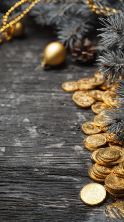 Decorative golden coins spill onto a rustic wooden surface surrounded by pine branches and festive ornaments celebrating the New Year spirit.の素材