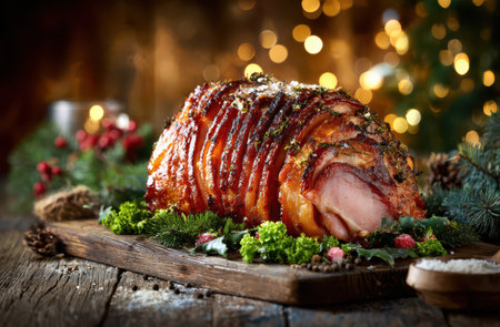 A beautifully glazed pork ham sits atop an old wooden board surrounded by greens and decorations ready for a festive New Year gathering.の素材
