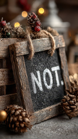 A rustic wooden frame displays a playful message for the New Year season surrounded by natural elements. Perfect for festive gatherings.の素材