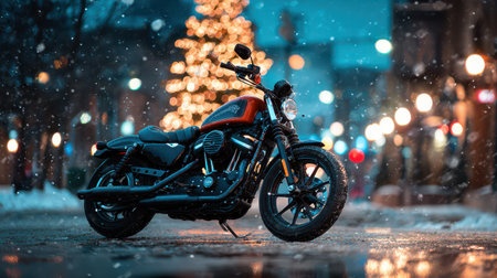 A striking motorcycle stands in front of a beautifully lit Christmas tree surrounded by soft snowflakes on a chilly New Year night.の素材