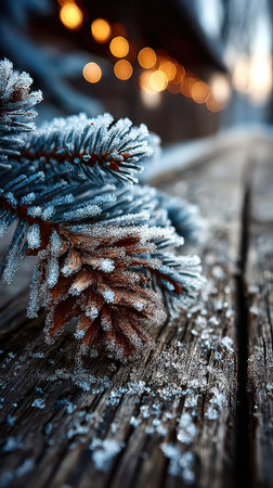 Frost covered pine branches rest on a wooden surface sparkling in the light.の素材