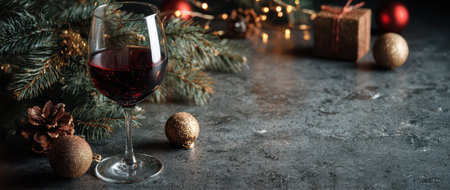 A wine glass sits elegantly on a dark surface near Christmas decorations.の素材