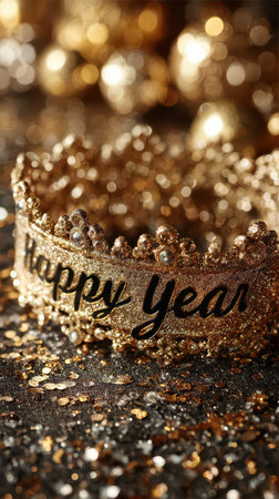 Glittering golden crown with Happy Year text amidst sparkling confetti perfect for a joyous New Years celebration scene.の素材