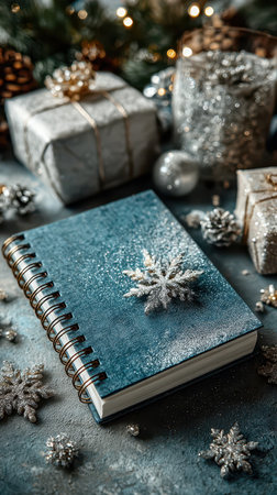 A cozy setting features a blue notebook adorned with a snowflake surrounded by festive decorations and gift wrapped presents for the New Year.の素材