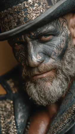 A distinctive figure with intricate tattoos and gray beard embodies a captivating presence dressed for a festive New Year celebration with flair.の素材