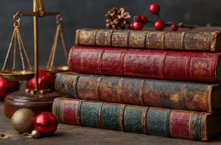 Law books rest elegantly alongside scales of justice adorned with festive decorations to welcome the New Year with hope and prosperity.の素材