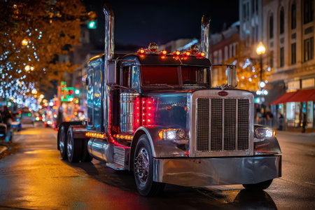 A shiny vintage semi truck gleams on a city street its headlights lighting up festive decorations for New Year celebrations.の素材