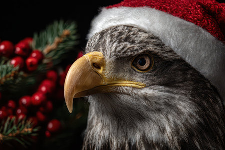 A proud eagle wears a bright red Santa hat surrounded by a decorated Christmas tree and shiny ornaments capturing the spirit of the season.の素材