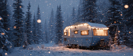 A charming camper trailer is nestled in deep snow adorned with bright lights celebrating the New Year in a tranquil forest setting.の素材