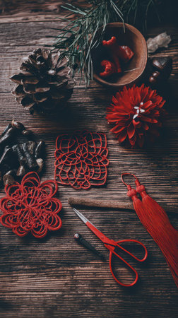 Crafting area features intricate red decorations pinecones and scissors evoking joyful New Year spirit and creative energy.の素材