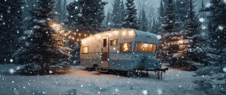 Soft snowflakes fall gently on a charming camper trailer glowing with lights. Surrounded by tall evergreen trees it warmly welcomes the New Year.の素材