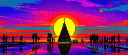 People gather by a glowing Christmas tree at sunset enjoying the vibrant colors of the sky as holiday spirit fills the air.の素材