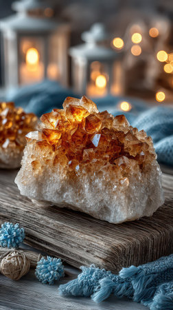 Crystals radiate warm light and add charm to a serene New Year setup with soft textures and gentle bokeh in the background.の素材