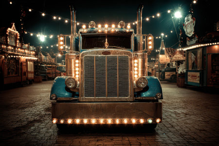 A beautiful vintage semi truck is decorated with bright Christmas lights capturing the festive spirit of New Year in a lively setting.の素材